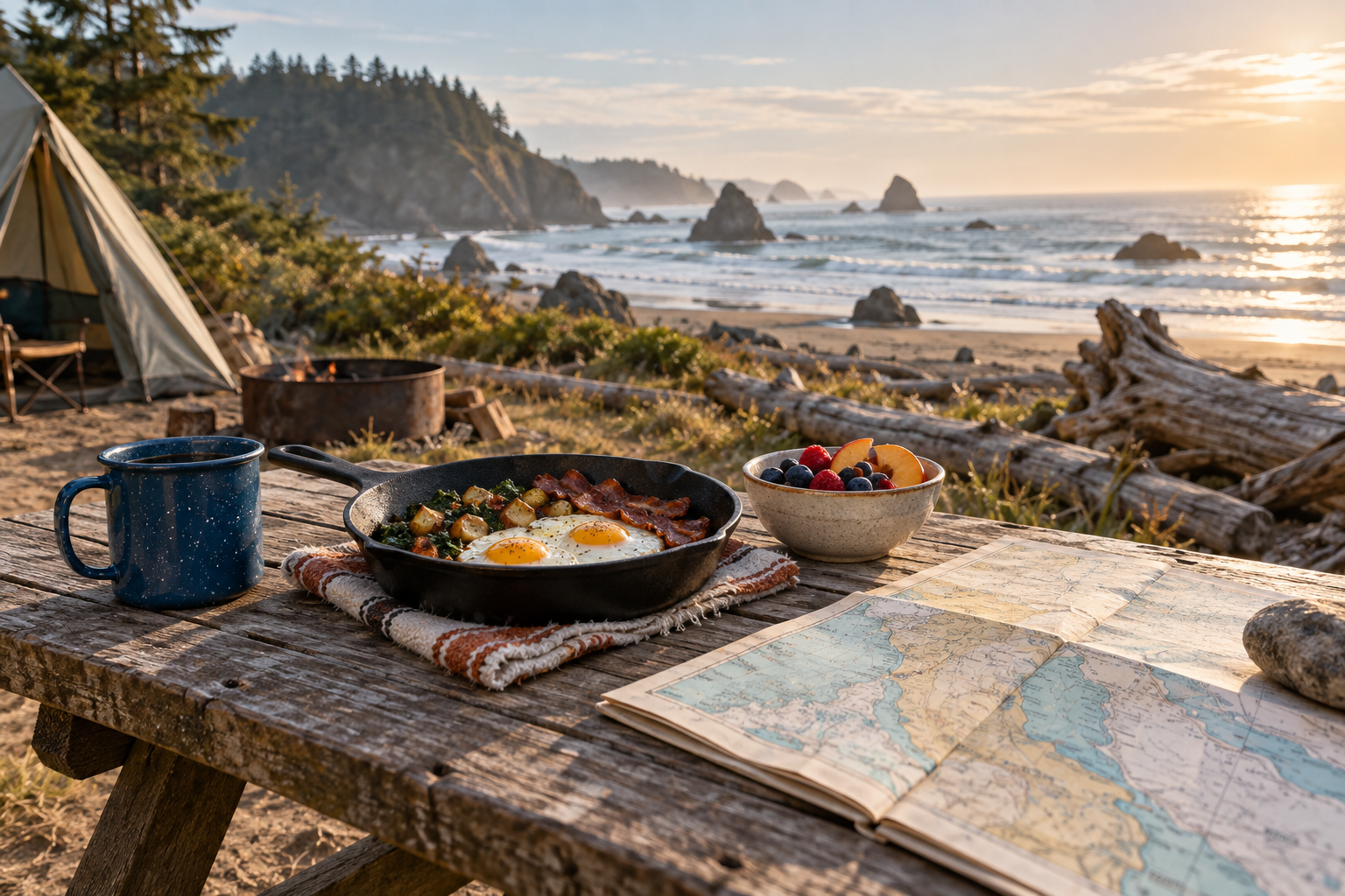 Camp breakfast and a map on a coastal picnic table beside the beach