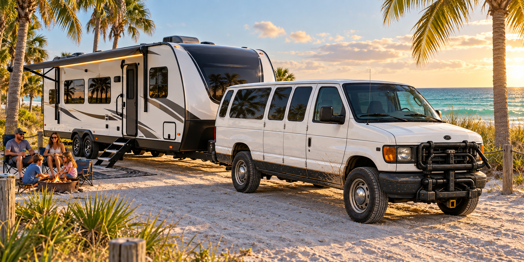 Cliff's white E350 towing a modern travel trailer at a palm-lined Gulf Coast campsite