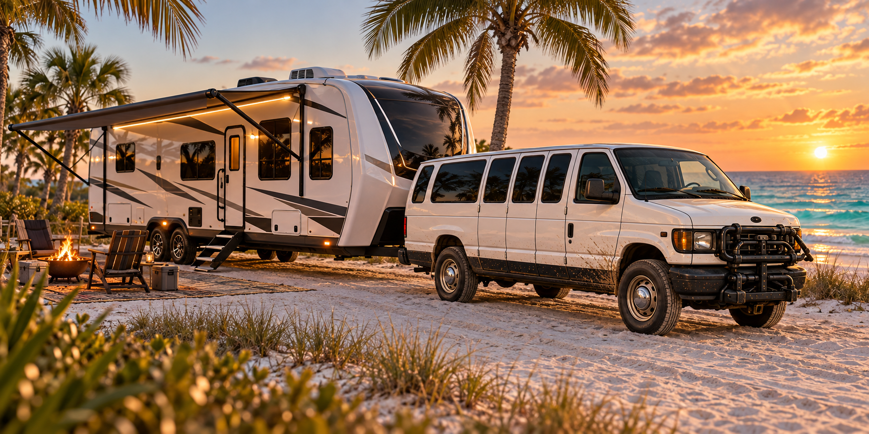 Cliff's white E350 and modern travel trailer beside a Gulf Coast beach campfire at sunset